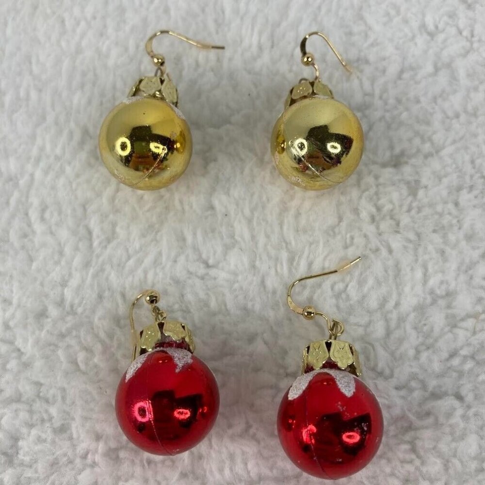 Vintage Christmas Tree Ball Ornament 1.5" Earring Lot of 2 Red Gold Tone Dangle‎